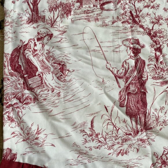 Red White Toile Ruffled Curtain Valances Cotton French Country Stripes Set of 3 - Picture 3 of 9